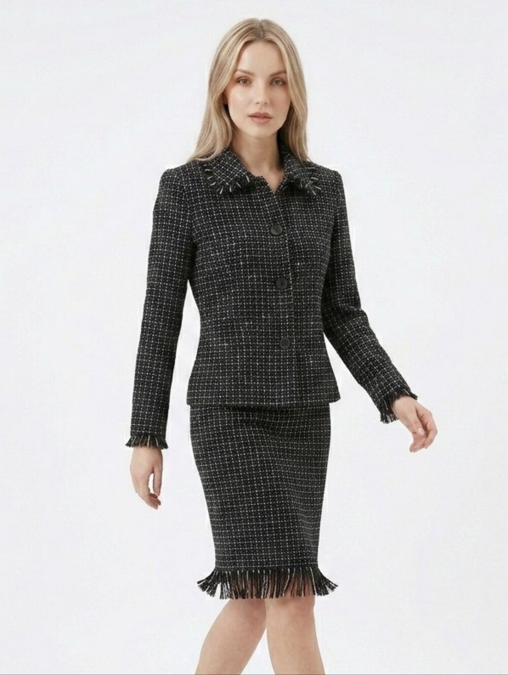 Linda Allard Ellen Tracy Tweed Skirt Suit Set Size 6 Black White Fringe Trim - Picture 11 of 11